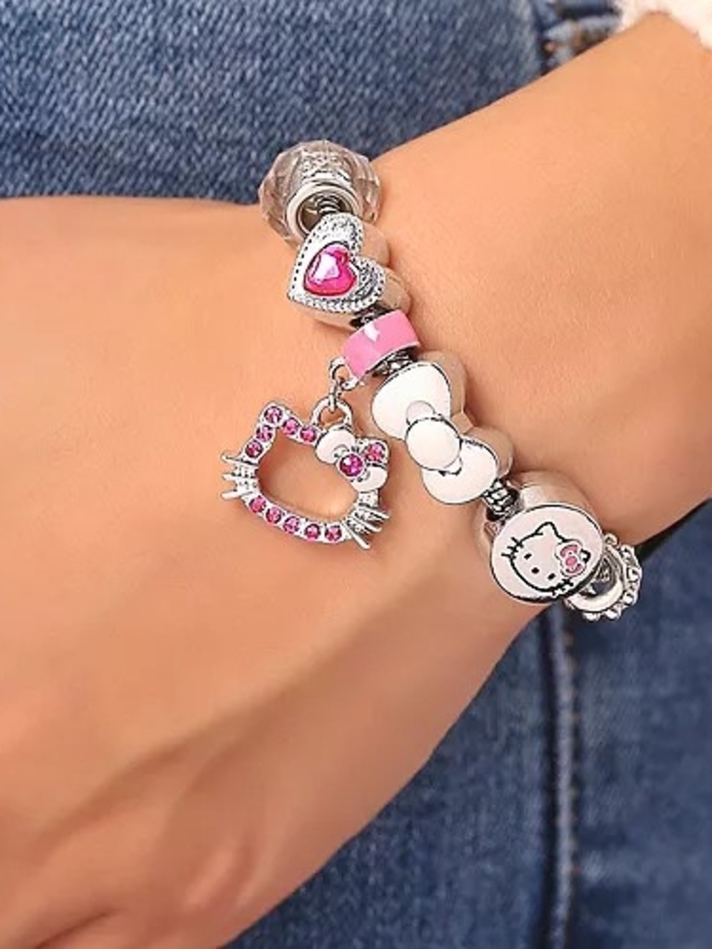 Hello Kitty Silver Bracelet with Pink Accents and Charms